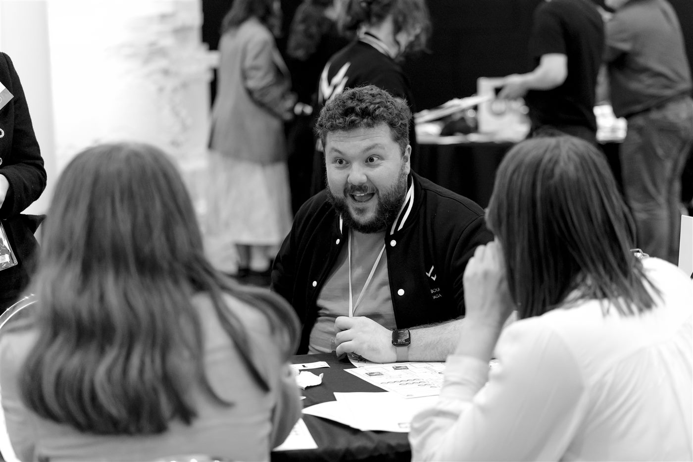 Tristan talking with players during a megagame event